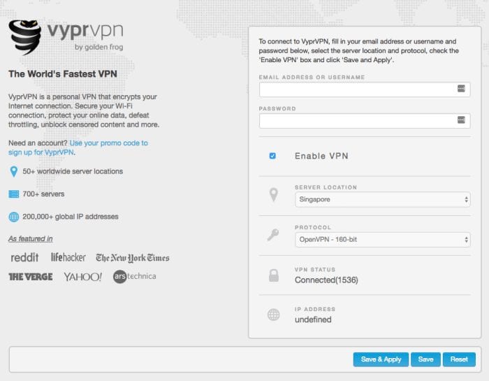 Anonabox VyprVPN interface