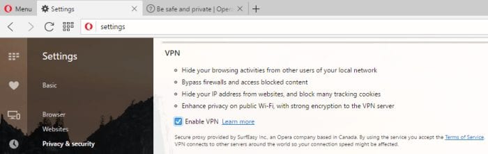Opera VPN settings