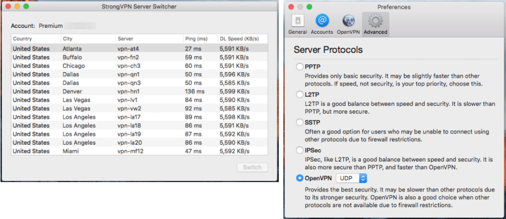 StrongVPN Mac - options