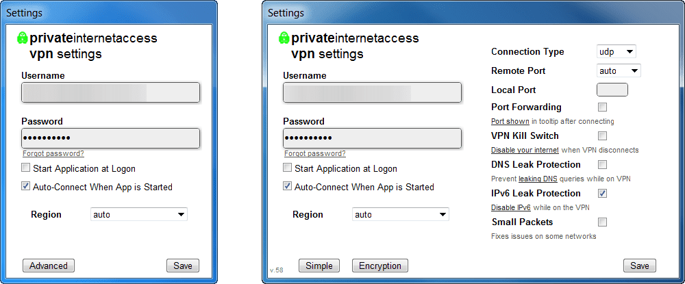 Private Internet Access Connection Settings