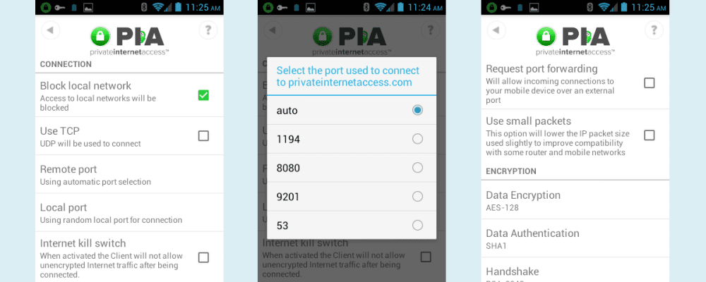 Private Internet Access Android App Connection Settings