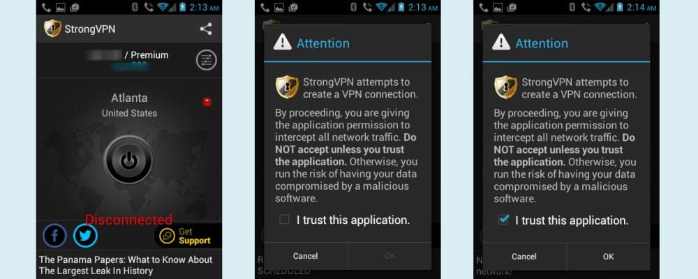 Android StronVPN Warning Message