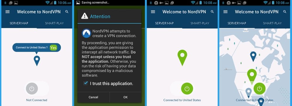 NordVPN Android Client Map Connection to United States