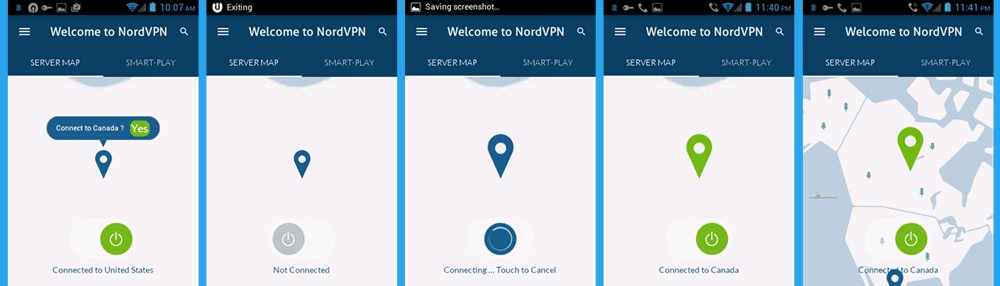 NordVPN Android App Map Server Change US to Canada