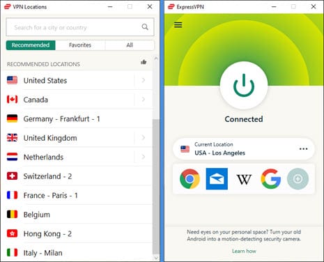 ExpressVPN connected to Los Angeles