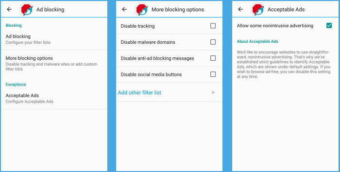 Adblock Plus Android last 3 screens