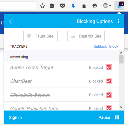Ghostery console panel