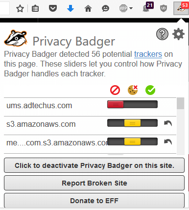 Privacy Badger panel