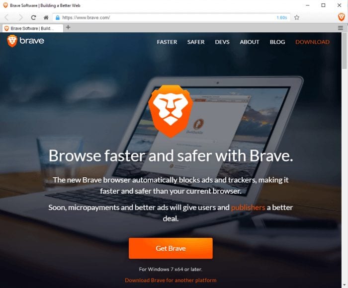 Brave starting screen