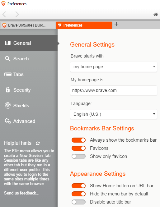 brave browser general tab