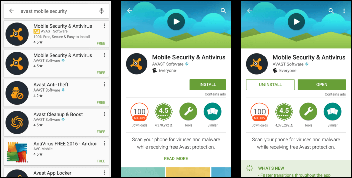 Avast mobile security install screens