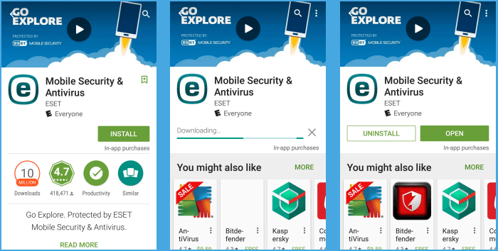 ESET Mobile first three screens