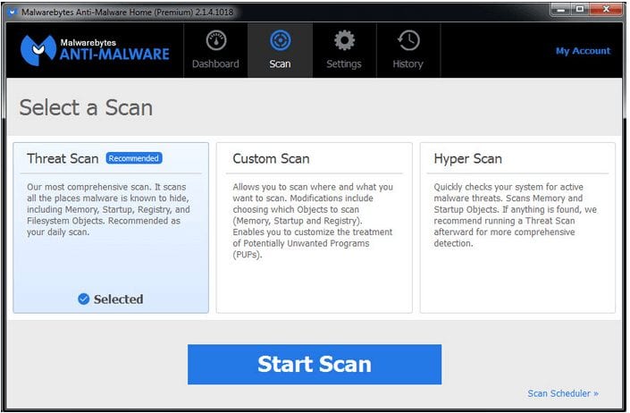 Malwarebytes scan console