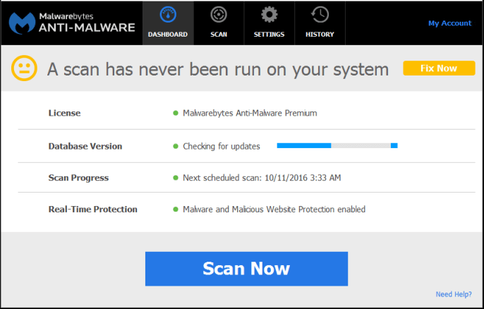 Scan screen for Malwarebytes