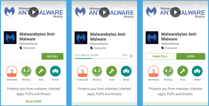 Malwarebytes Mobile install screens