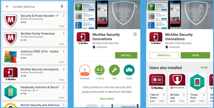 McAfee Android Install screens