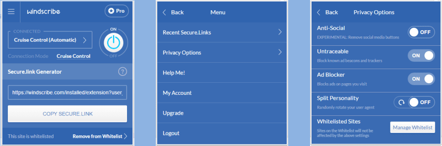 Windscribe Chrome Extension Menu and Privacy