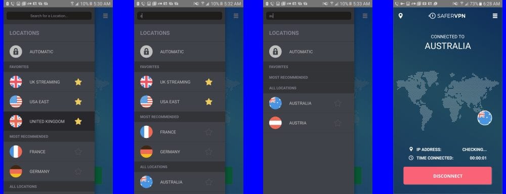 Changing Servers with SaferVPN for Android
