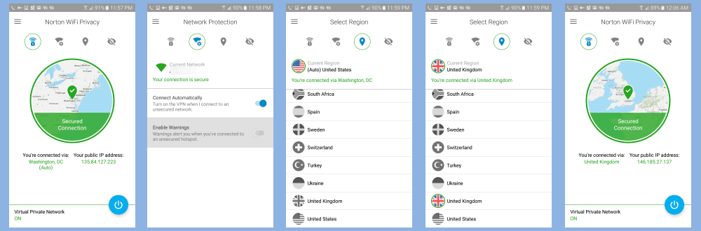 Changing Servers in Norton WiFi Privacy VPN Android App