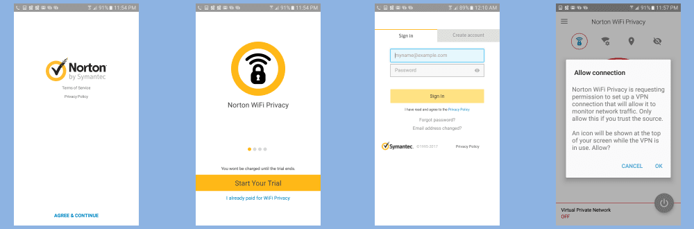 Norton WiFi Privacy Secure VPN Android App Login