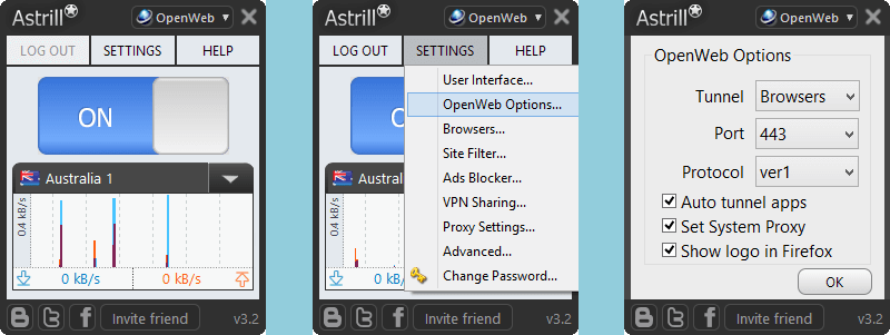Astrill VPN: Set OpenWeb Options