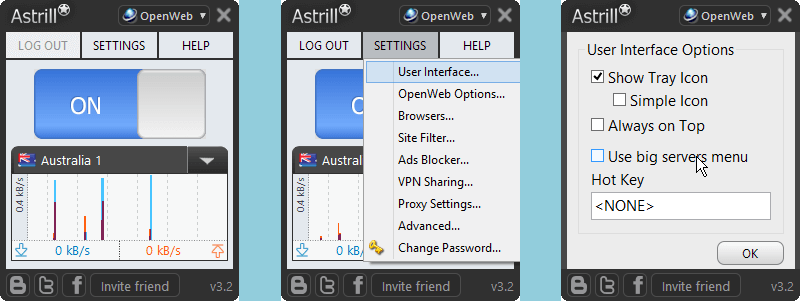 Astrill VPN Client User Interface