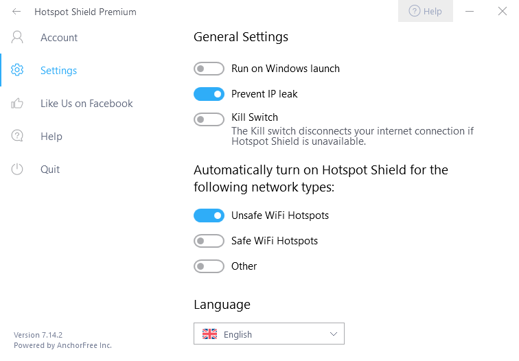 Hotspot Shield client settings