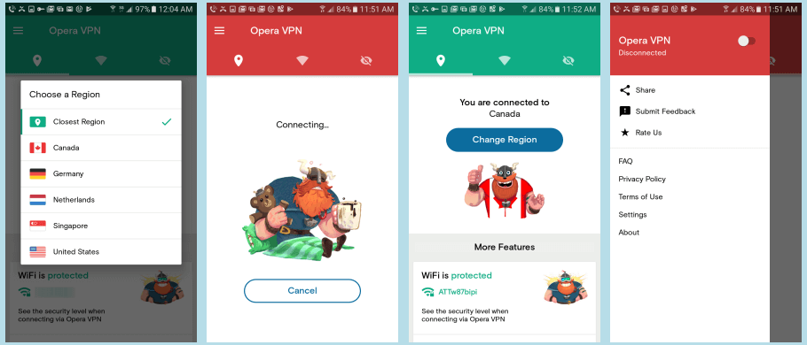 Changing Virtual Locations with the Opera VPN Android App