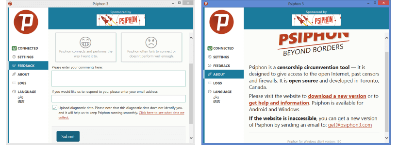 Psiphon Feedback and About Menus
