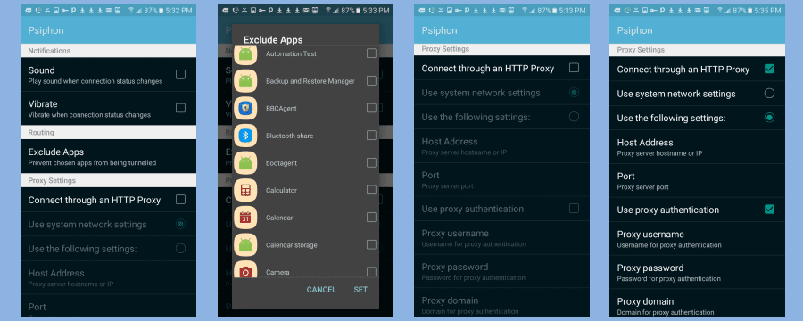 Psiphon Android App Options