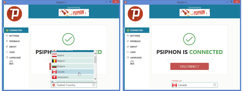 Changing Countries in the Psiphon Windows Client