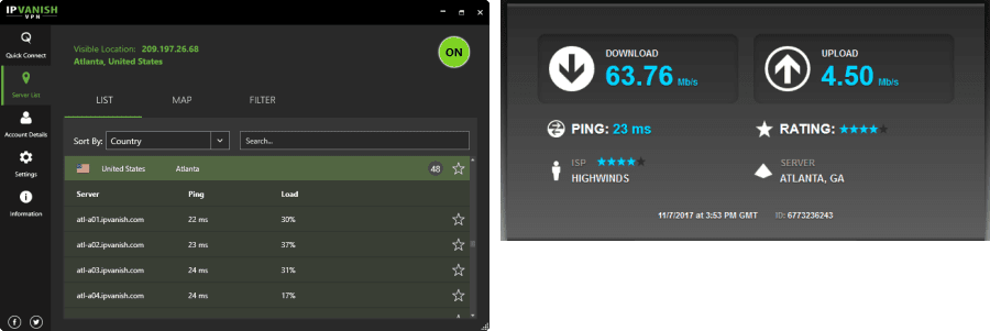 IPVanish Atlanta speed test