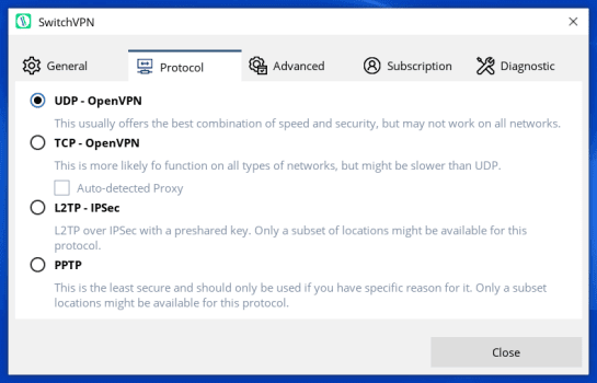 Choosing the SwitchVPN Connection Protocol