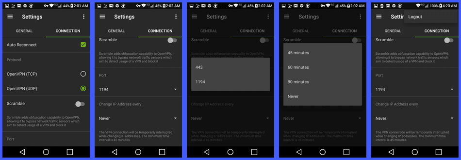IPVanish Connection Settings for the Android App