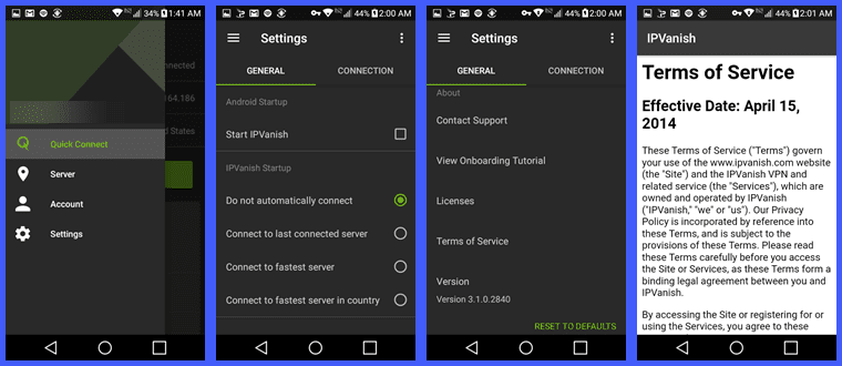 General Settings for the IPVanish Android App