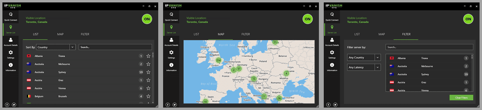 IPVanish Windows Client Server List Screen