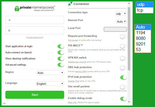 Private Internet Connection Settings