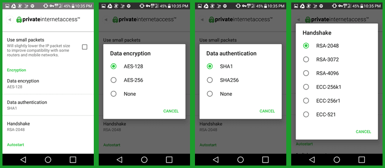 Private Internet Access Android Encryption Settings