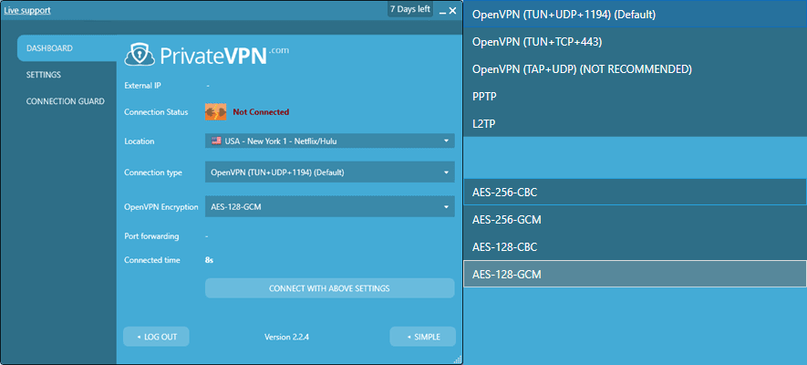 PrivateVPN Advanced Dashboard Connection Settings