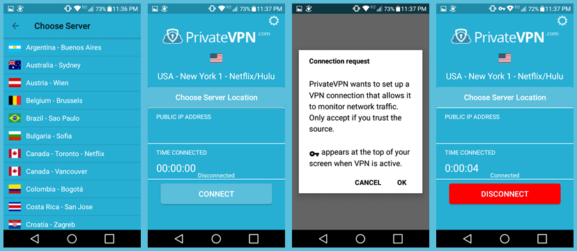 First PrivateVPN Android APP Network Connection