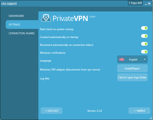 PrivateVPN Settings Screen