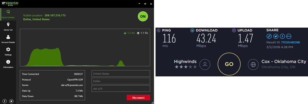 IPVanish Oklahoma City speed test