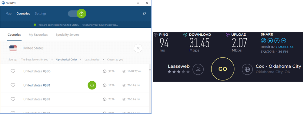 NordVPN Oklahoma City speed test