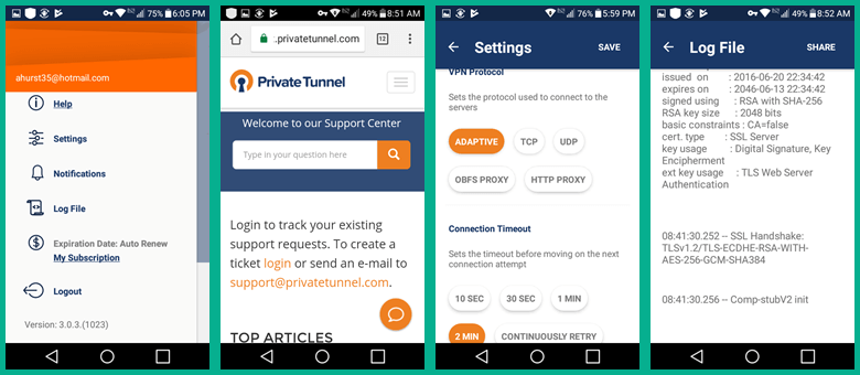 Private Tunnel Android App Menu