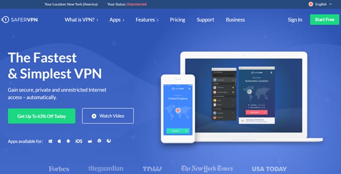 SaferVPN frontpage