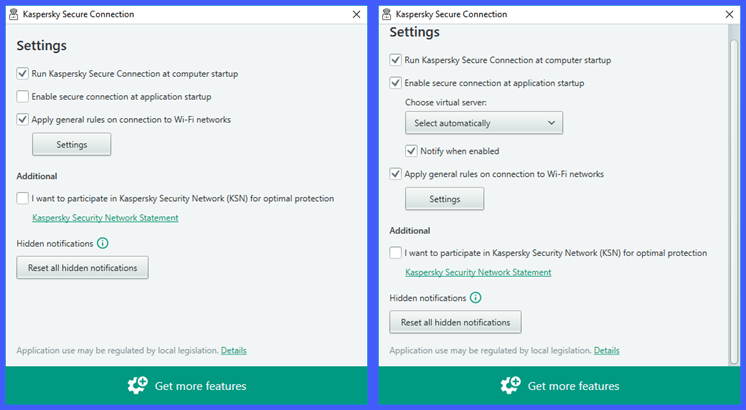 Kaspersky Secure Connection VPN Client Settings