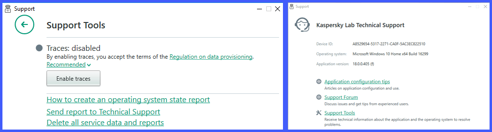 Kaspersky Windows Client Support Menu