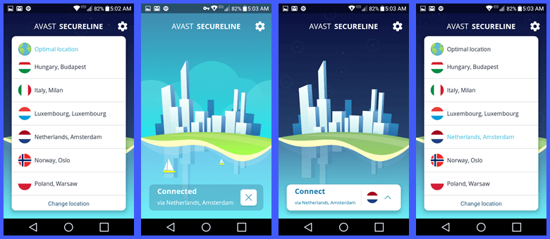 SecureLine Android App Amsterdam Connection