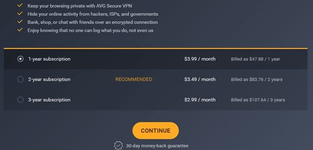 AVG VPN Purchase Within the Windows Client
