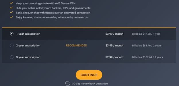 AVG VPN Purchase Within the Windows Client